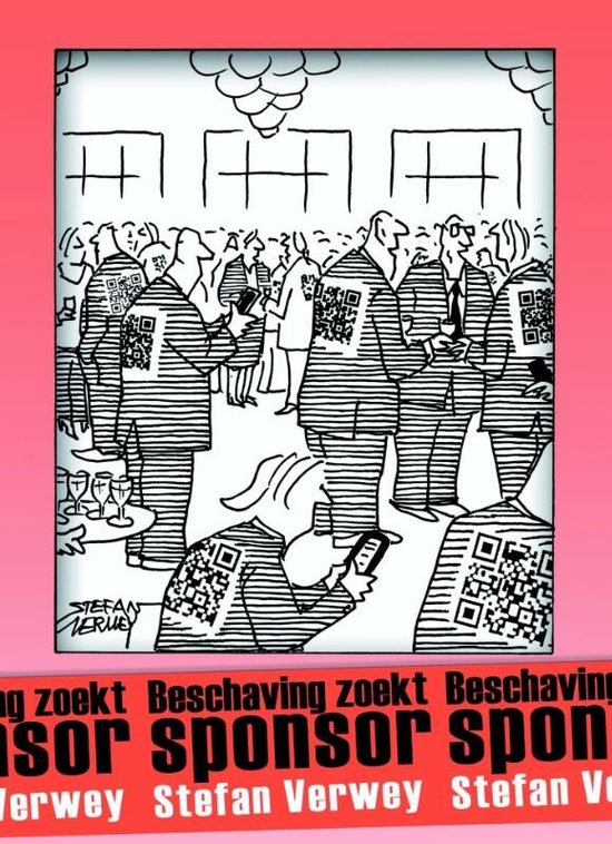 Een cartoon van Stefan Verwey. Mensen met QR-codes op hun kleding, sommigen kijken op hun telefoon. De QR-codes zijn zwart-wit.