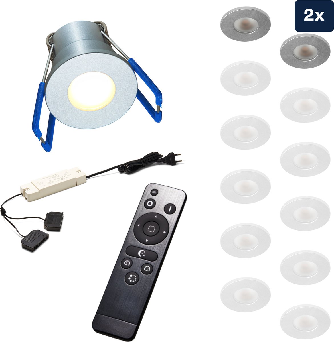 Ledisons Varese Set met 2 zilveren LED inbouwspots en afstandsbediening dimbaar 3 jaar garantie 2700K (extra warm-wit) 200 Lumen 3W IP65