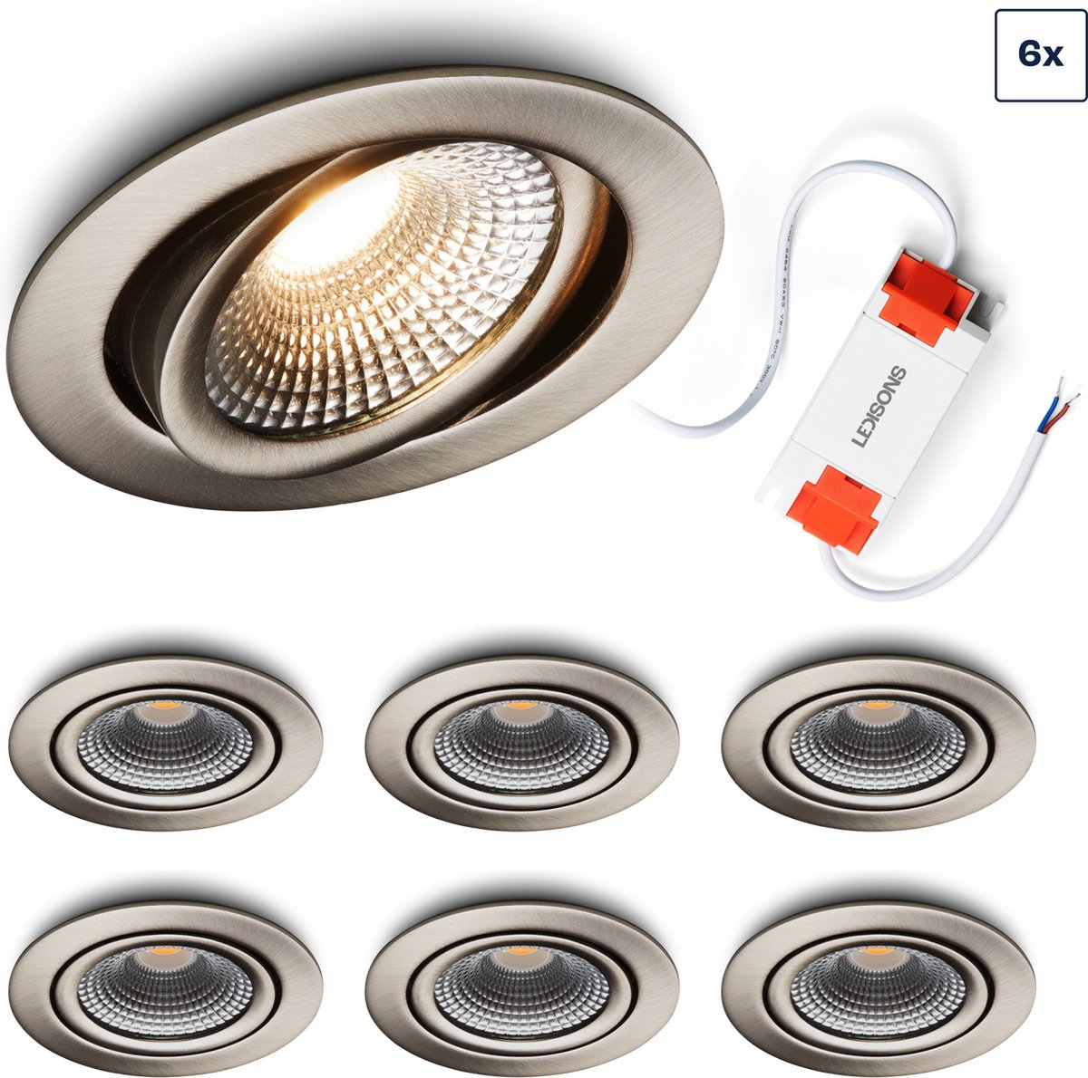 Ledisons LED Inbouwspot Vivaro 3W Spot Set van 6 stuks Dimbaar Spotje Extra Warm Wit IP54 Geschikt als Badkamer Lamp Plafondlamp RVS Ø85 mm