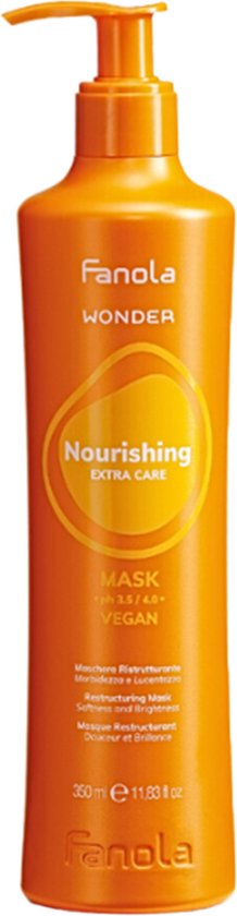 Fanola Wonder Nourishing Extra Care Mask, oranje fles met pompdispenser. "Nourishing EXTRA CARE MASK VEGAN"