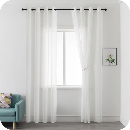 Deconovo voile ruchesgordijnen, semi-transparante decoratieve gordijnen met linnenlook, Wit, 140×145 CM, 2 panelen