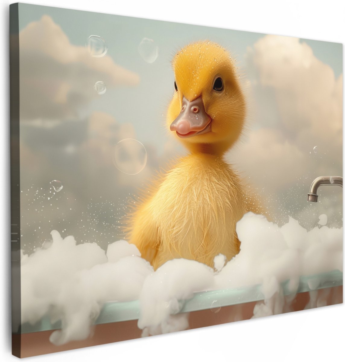 Canvas schilderij 70x50 cm - Wanddecoratie badkamer Kuiken - Eend - Bad - Schuim - Dieren