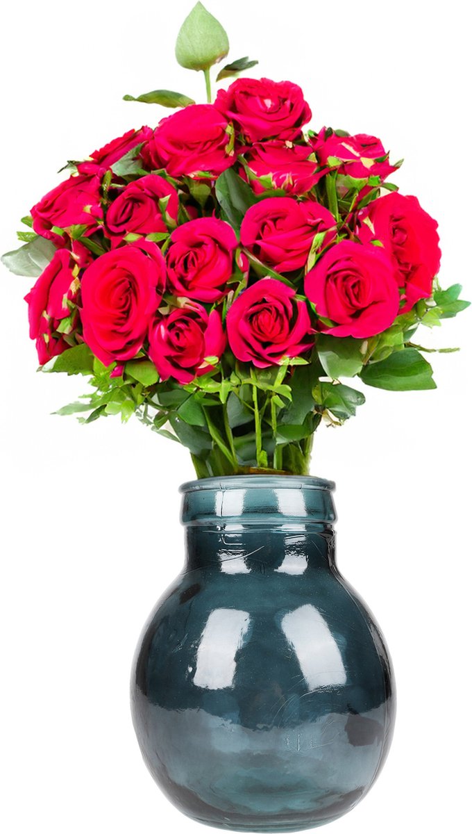Natural Living Bloemenvaas Lourdes - donkerblauw transparant - gerecycled glas - 20 x 24 cm - Ronde bol vorm vazen
