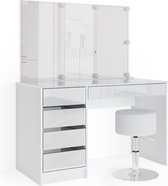 Vicco Ensemble table de maquillage avec tabouret Sherry, Wit brillant, 120 cm avec éclairage LED et tabouret