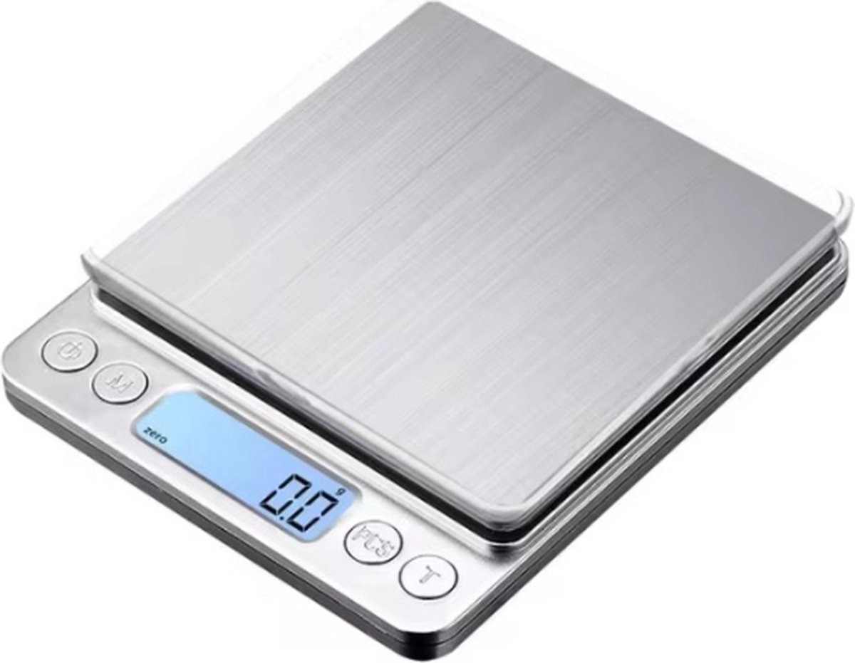 Scoby - Mini Digitale Keukenweegschaal - Precisie Weegschaal - Postweegschaal - 0,1 tot 2000 Gram - Zilver - RVS