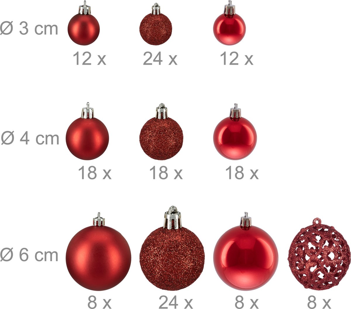 kerstballen - set van 150 - mat - glanzend - glitters - plastic - ∅ 3, 4, 6 cm - rood – foto 8