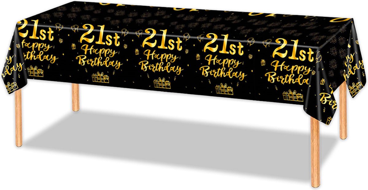 LUQ - Luxe Tafelkleed 21 Jaar Zwart Goud Verjaardag Versiering Tafelloper Plastic Tafelzeil Feest Tafellaken Xl Formaat