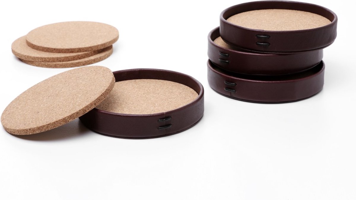 LIITON lederen onderzetter voor whiskeyglazen, 9,6cm, met kurk binnenin, set van 4, giftbox, luxe en stoere presentatie van uw drankjes, laat geen condens achter