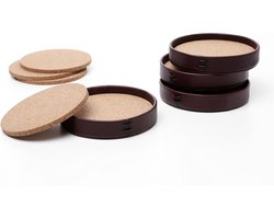 LIITON lederen onderzetter voor whiskeyglazen, 9,6cm, met kurk binnenin, set van 4, giftbox, luxe en stoere presentatie van uw drankjes, laat geen condens achter