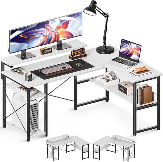 COSTWAY Bureau L-vorm, omkeerbaar hoekbureau met monitorstandaard en laadstation, hoektafel, gaming-computertafel, kantoortafel voor thuiskantoor (zwart