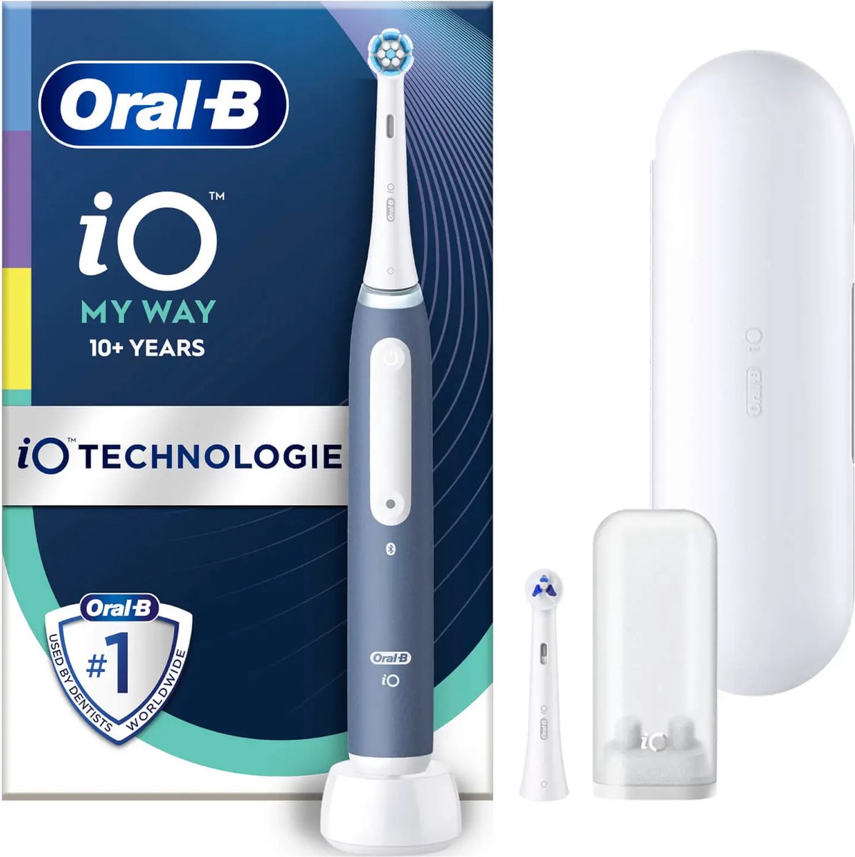 Oral-B iO My Way Elektrische Tandenborstel – 4 Reinigingsstanden – Mondverzorging – Extra Opzetborstel – Geschikt voor Beugels – Inclusief Reisetui – Ontworpen door Braun – Ocean Blue
