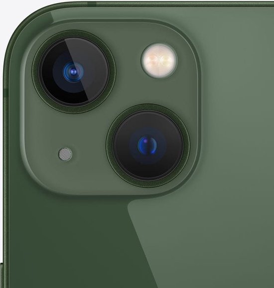 Close-up van de groene iPhone 13 dubbele camera en flitser.