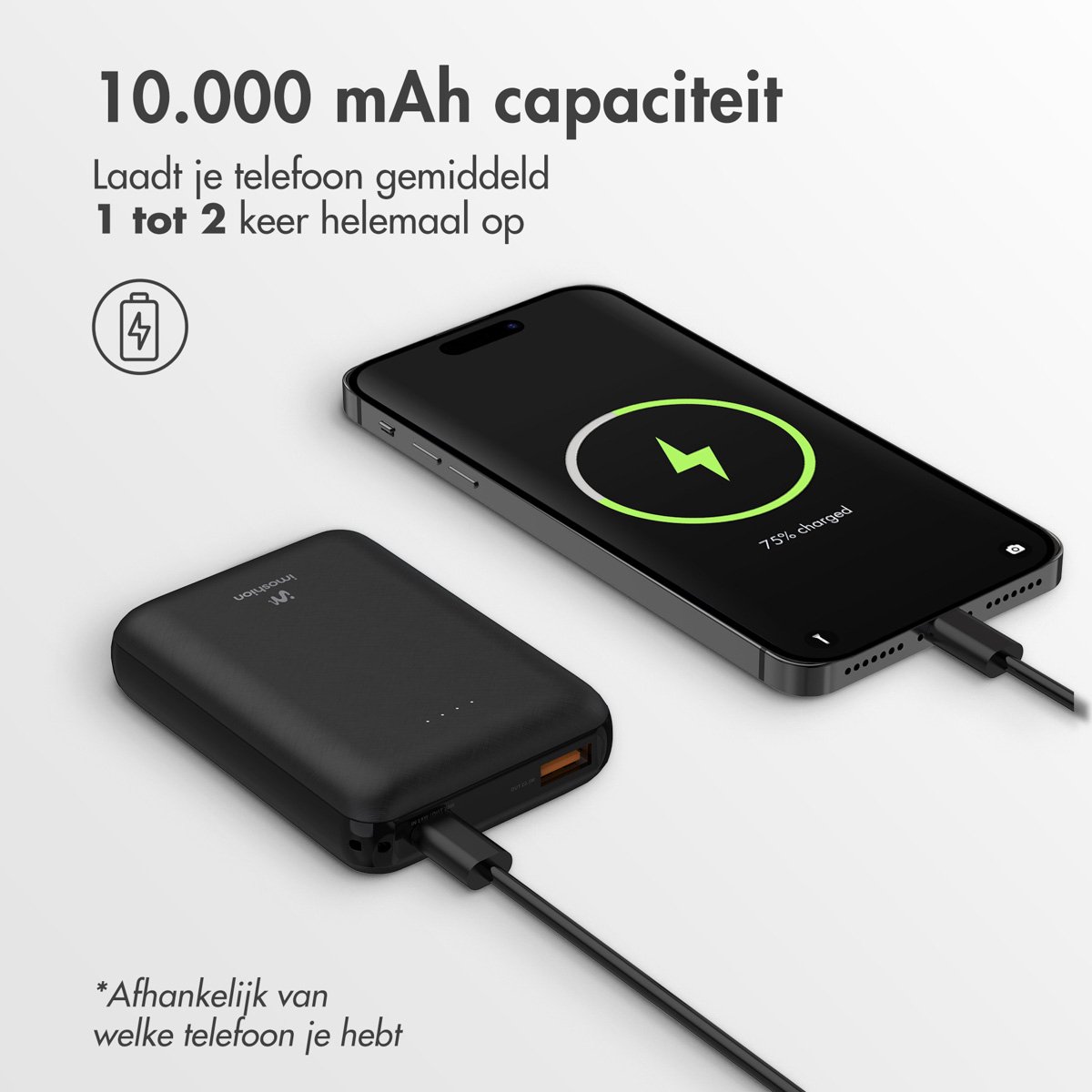 Afbeelding 3 van imoshion Compacte Powerbank 10000 mAh - Snellader 22.5W - LED indicator - USB C & USB A - Geschikt voor o.a. iPhone en Samsung - Universeel - Zwart