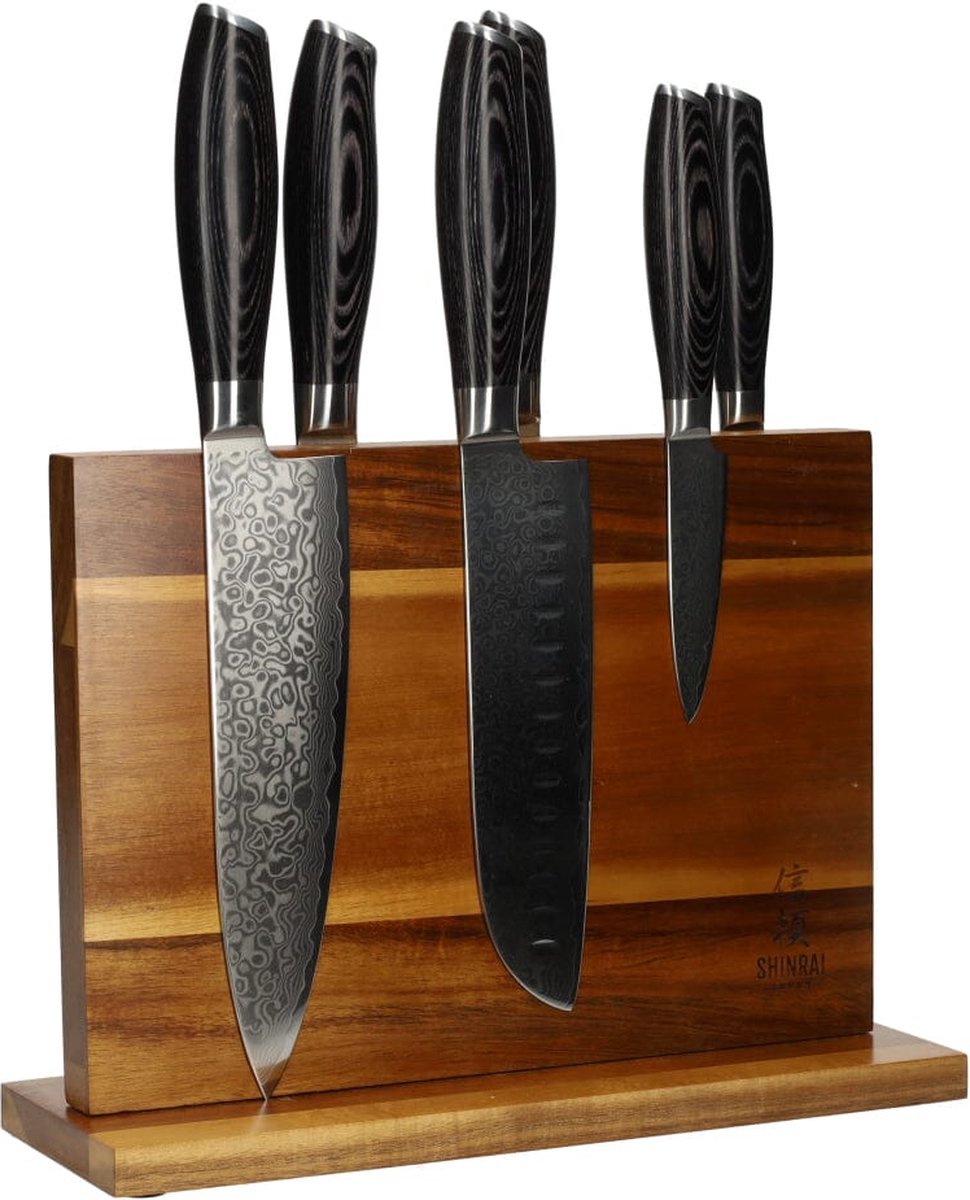 Damast Pakka Wood 6-Delige Messenset + Magnetisch Messenblok