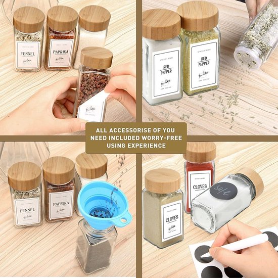 14 kruidenpotten set - 6oz glazen potten met 14 7 schudbekers - Herbruikbare potten met luchtdichte deksels - Bedrukte en onbedrukte etiketten - Witte stift