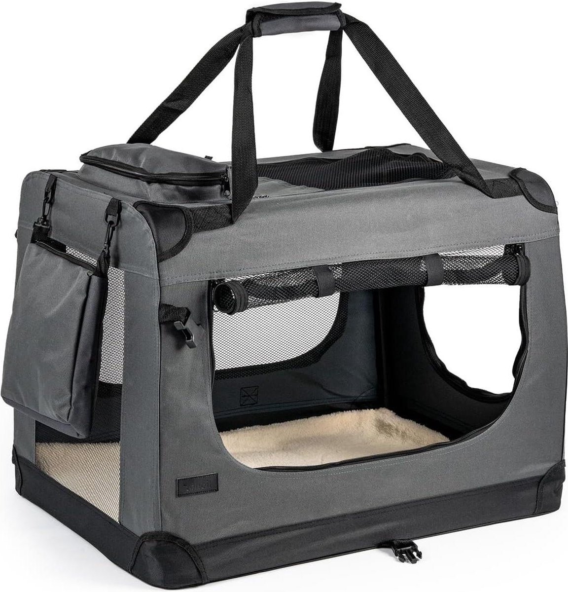 Opvouwbare Hondentransportbox Reizen Auto 101x69x70 cm - Draagbox Handvaten Deken - 25 kg - Duurzame Stoffen Hondenbox - Grijs Reismand Kat