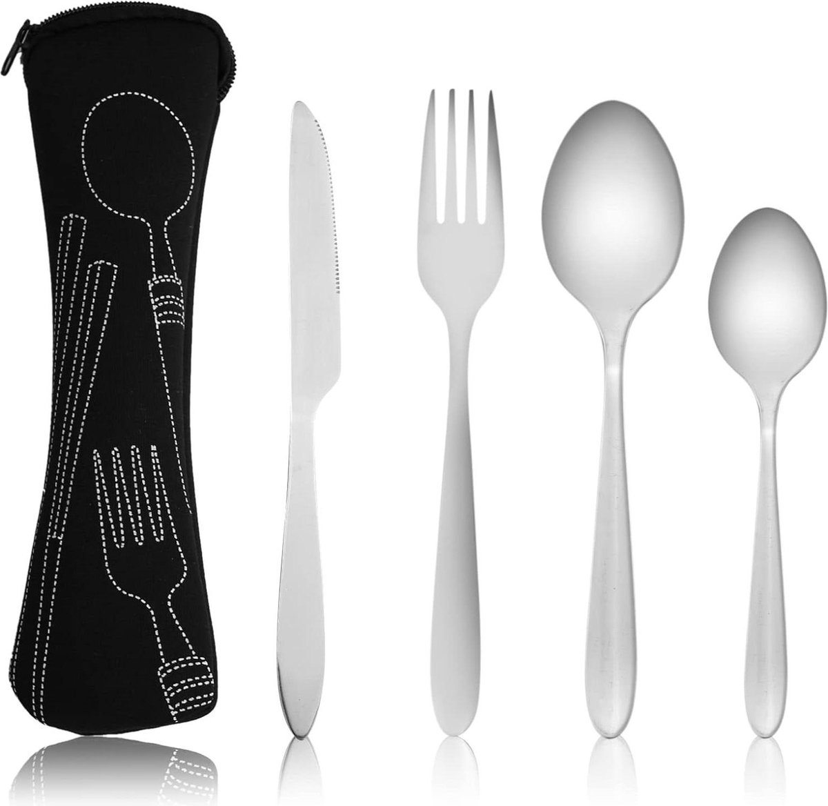 4-delige roestvrijstalen bestekset met draagbare etui en neopreen tas voor buiten picknickreizen
