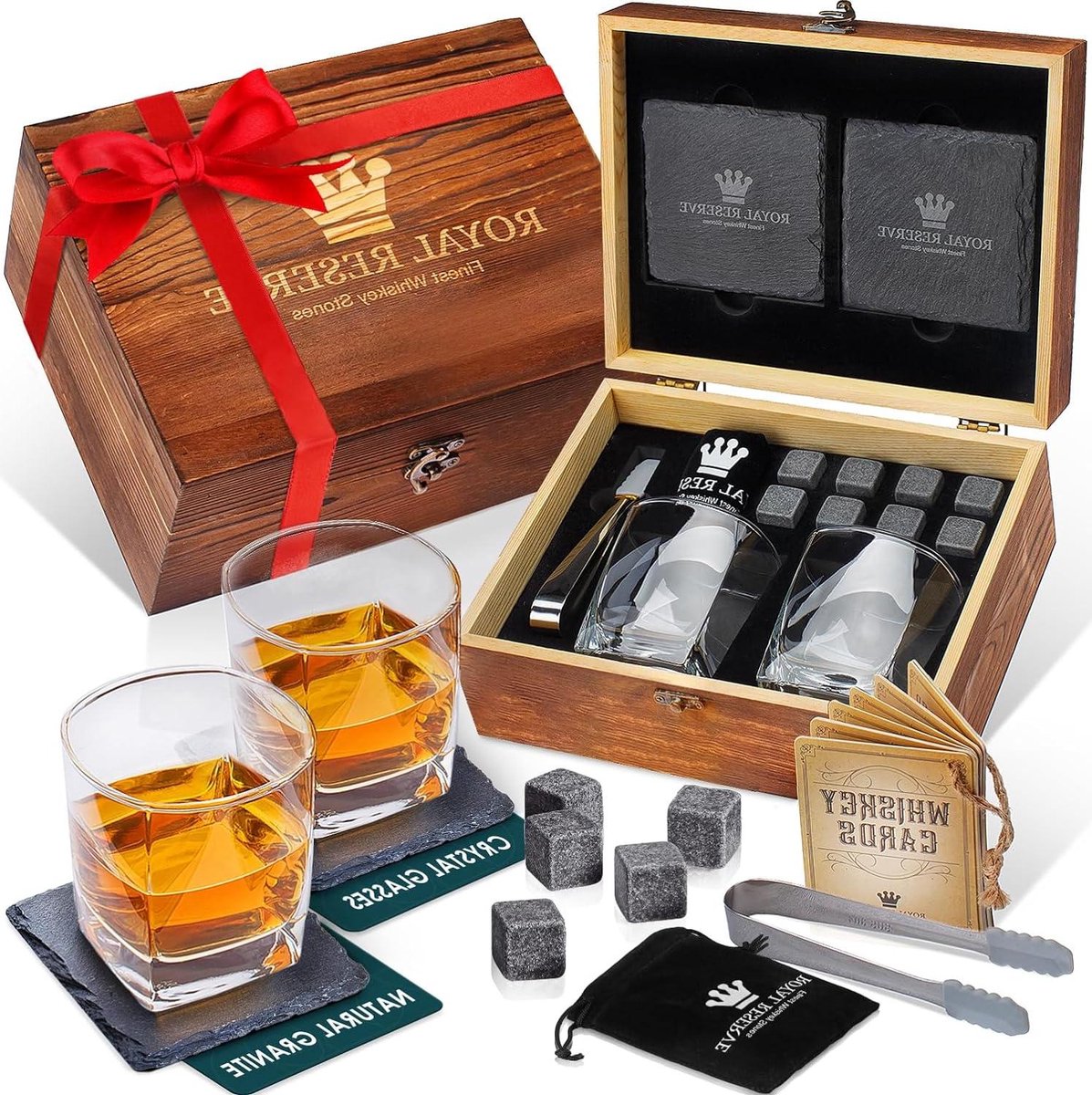 Ambachtelijk vervaardigde Whiskey Stones cadeauset met Scotch Bourbon glazen Chilling Rocks Coasters en Tang Whiskygeschenken voor mannen vader vriend verjaardag of pensioen