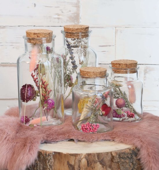 Flacon de médicament en Verres avec 2 fleurs séchées diverses Ø7cm (12 pcs.)