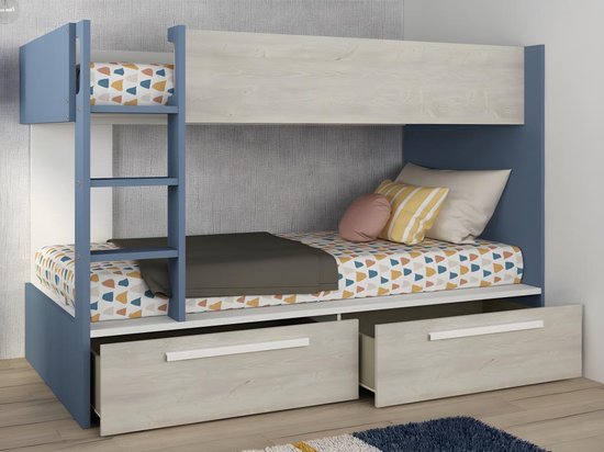 Stapelbed - 2 x 90 x 200 cm - 2 lades - Blauw, houtlook en wit - TINOLI L 205.6 cm x H 147 cm x D 108.5 cm