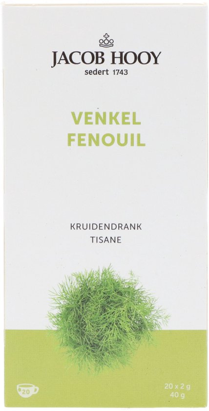 Doos Jacob Hooy Venkel, kruidendrank. Groene afbeelding van venkelplant onderaan.