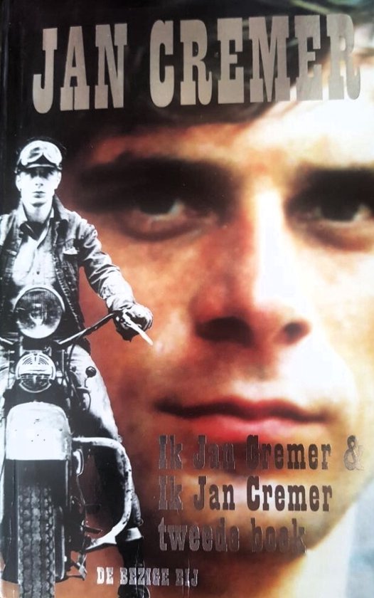 Boek 'Ik Jan Cremer & Ik Jan Cremer tweede book'. Een man op een motorfiets, met tekst "JAN CREMER".