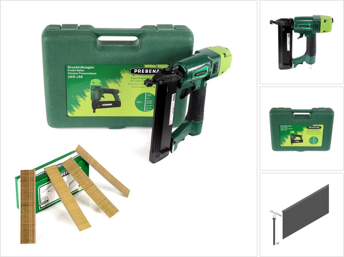 Prebena 2XR-J50 persluchtnagelmachine in transportkoffer + Prebena kromkopnagels Brads 25 mm 5000 stuks - van verzinkt staal, met hars