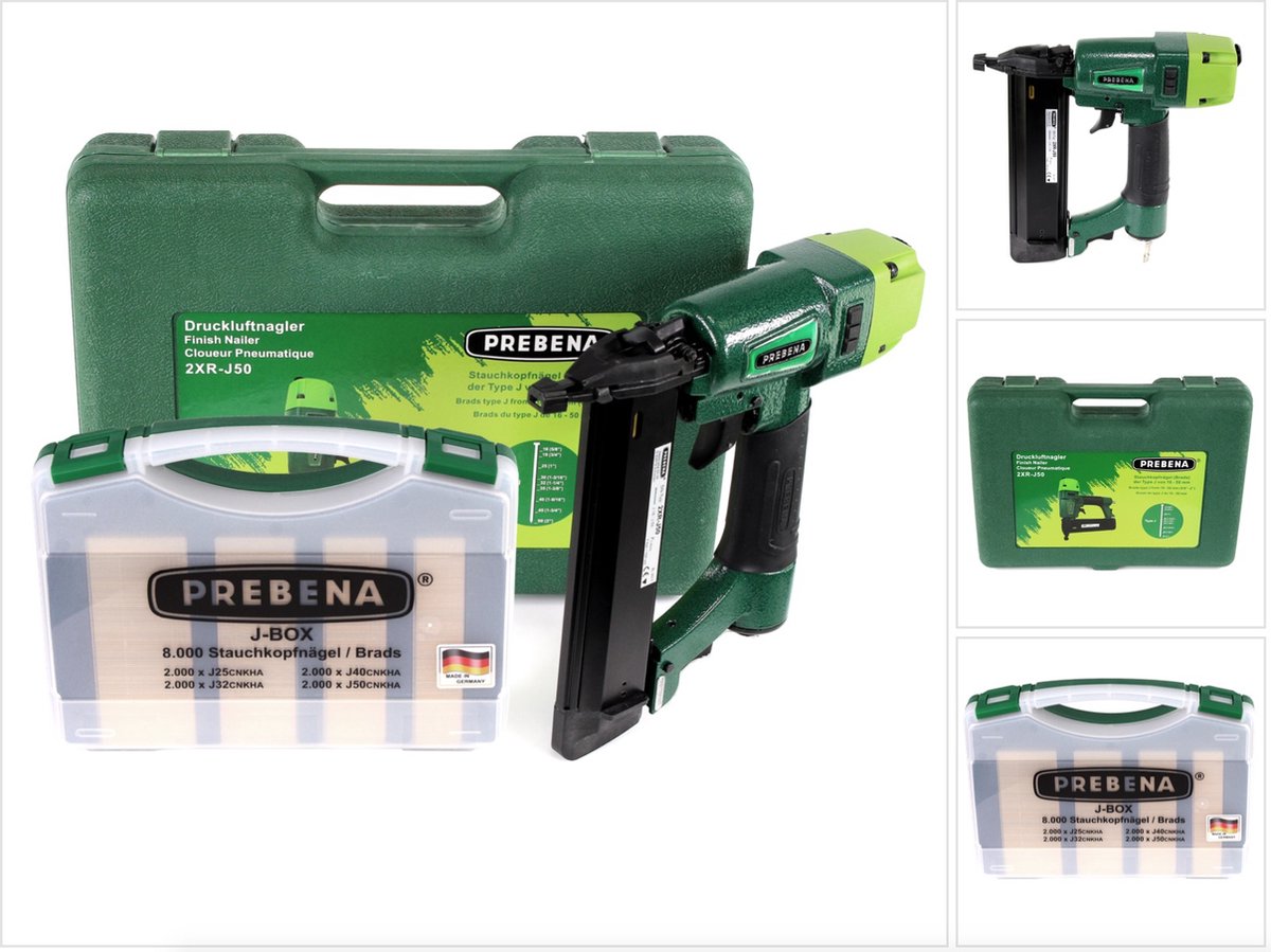 Prebena 2XR-J50 luchtdrukspijkermachine in transportkoffer + J-BOX 8.000 kromkopspijkers / brads
