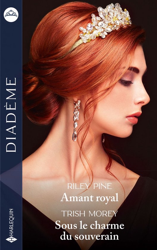 Femme aux cheveux roux portant un diadème en cristaux et des boucles d'oreilles, titre du livre Amant royal et Sous le charme.