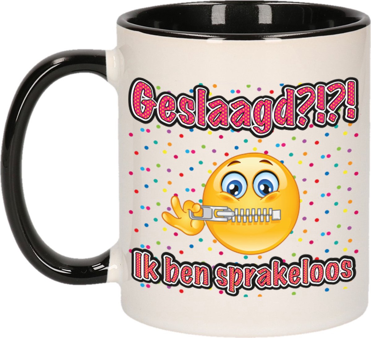 Bellatio Decorations Geslaagd cadeau mok - zwart/rood - Geslaagd?!?! Sprakeloos - Ca. 300 ml