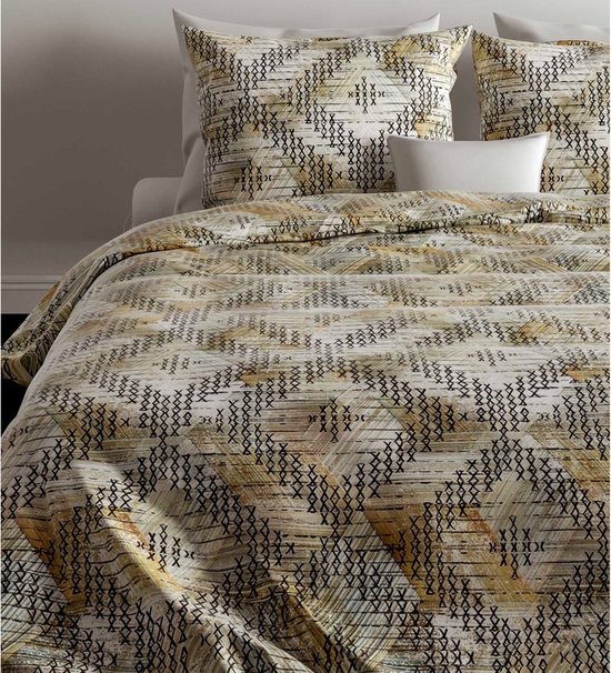 Housse de couette et taies d'oreiller avec motif géométrique vert, beige et noir. Ressemblent à un filet de pêche.