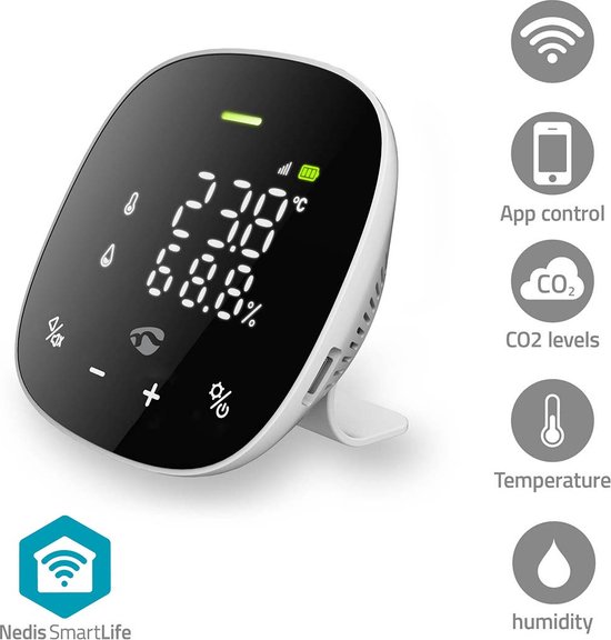 Nedis SmartLife Luchtkwaliteitsmeter – Temperatuur / CO₂ / Vochtigheid – Wi-Fi – Draagbaar & Oplaadbaar – Display – Wit/Zwart