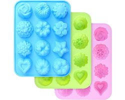Food Grade Silicone Flower Molds Baking Pan - Flowers Heart Shape Non-Stick - FDA Approved Silicone Molds - Chocolate Candy Jelly Ice Cube Muffin - Pink Blue Green