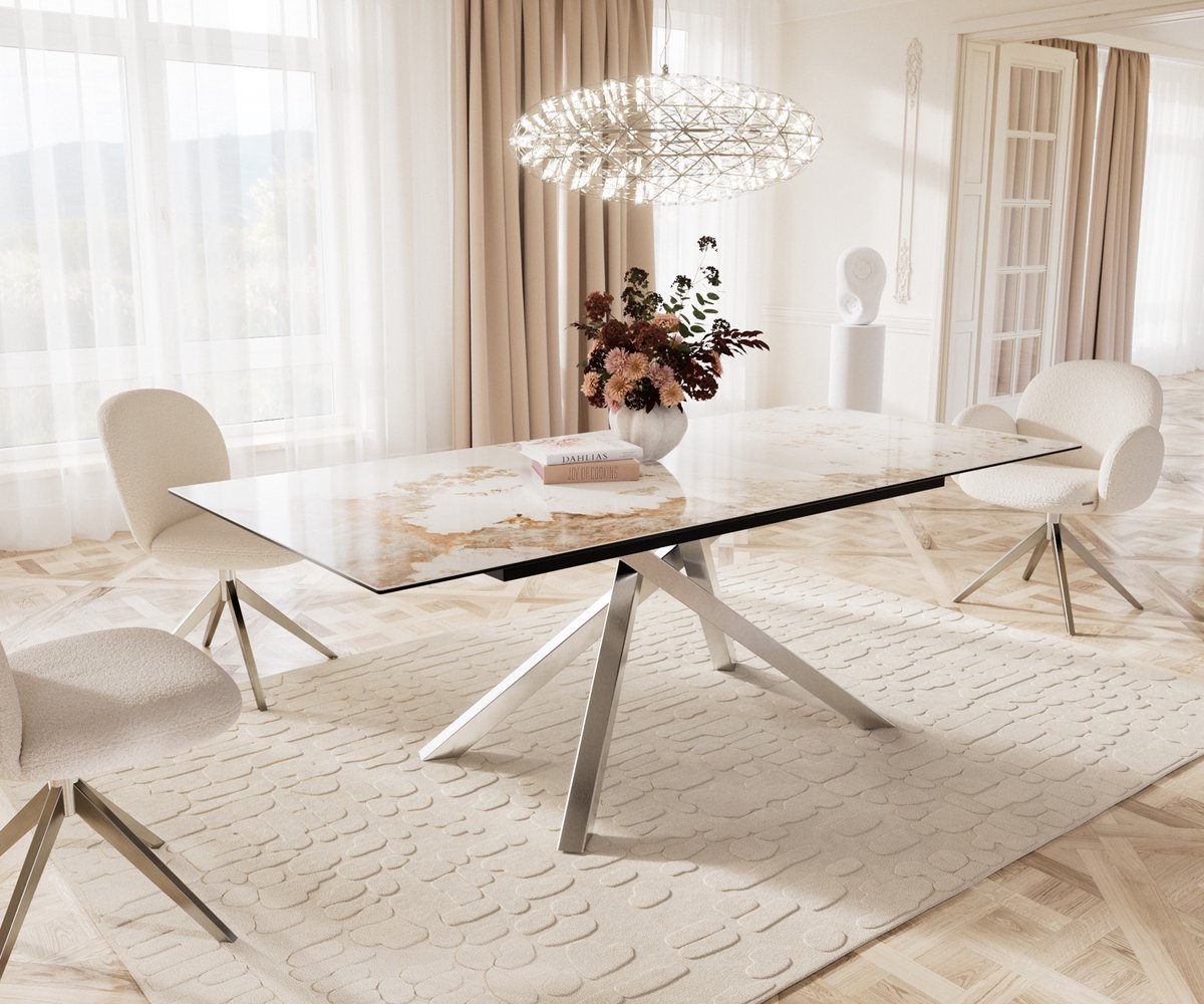 Eetkamertafel Edge keramiek Minas Melange wit-beige 180-220x100 kruisframe rechthoek RVS uitschuifbaar