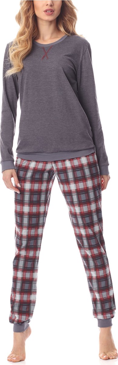 Merry Style MS-MS10-168-PJ Dames Pyjama - ronde hals - lange mouwen - lange broek met zakken - Katoen - Donker Gemêleerd/Bordeaux - L