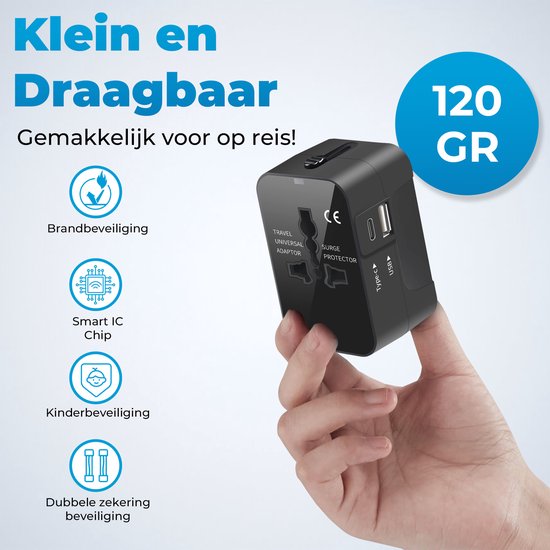Universele wereldstekker - Reisstekker - Internationale Reisadapter - USB-C en USB-A - 150+ Landen - Amerika (USA) - Zuid Amerika - Engeland (UK) - Azië - Europa - Afrika - Wereldstekker lichtgewicht - Zwart