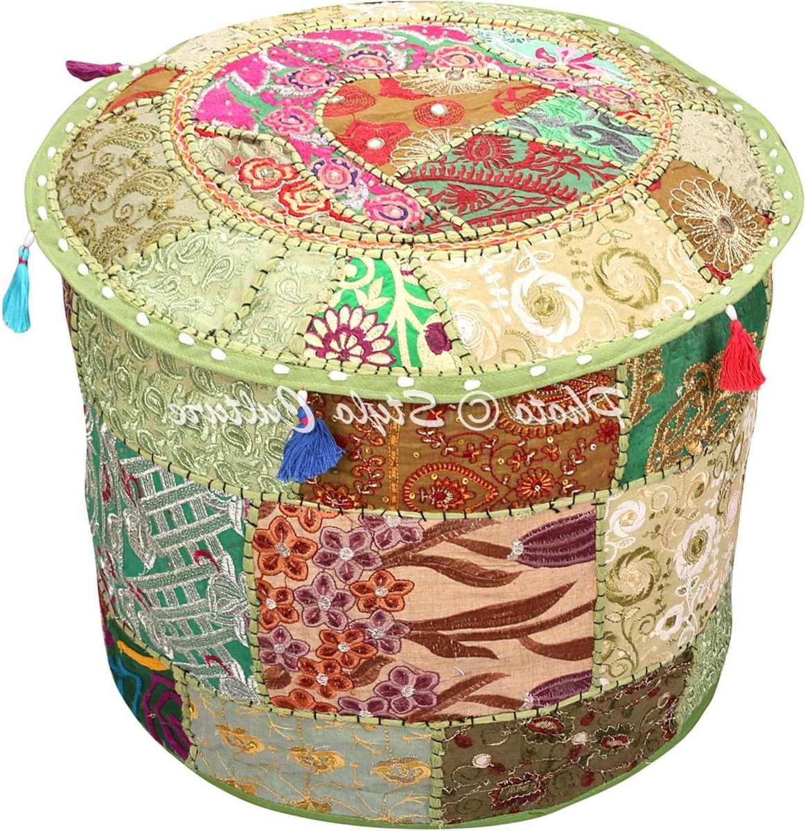 Vintage Groene Indiase Geborduurde Patchwork Katoen Poef Cover - Traditionele Ronde Ottomaanse Cover met Ottomaans Poefje Voetenbank (16x16x13 Inch) 40cm
