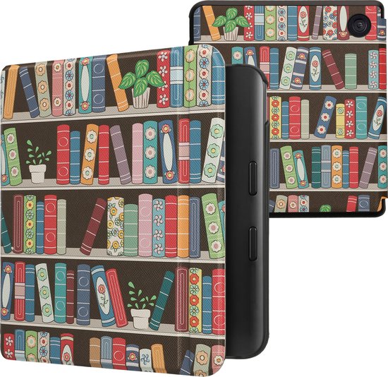 Étui pour liseuse kwmobile adapté à la couverture Kobo Libra Color - Étui à rabat pour liseuse avec fermeture magnétique - Étui pour liseuse - Design bibliothèque d'été en bleu / vert / rose