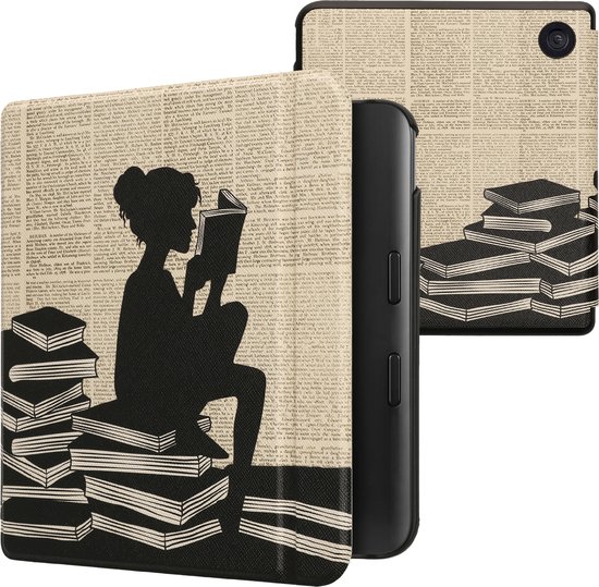 Étui pour liseuse kwmobile adapté à Kobo Libra Color Cover - Étui à rabat pour liseuse avec fermeture magnétique - Étui pour liseuse - Fille avec des livres design en noir / beige