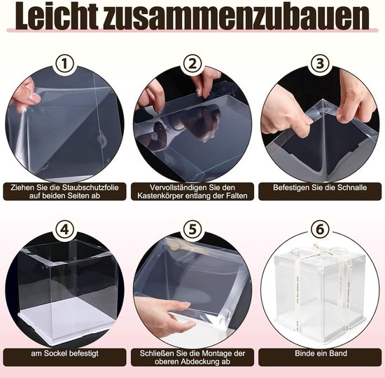 Lot De 2 Boîtes à Gâteau Transparentes Avec Couvercle - 30x30x25 Cm - Avec Socle Et Ruban Cadeau (rose)