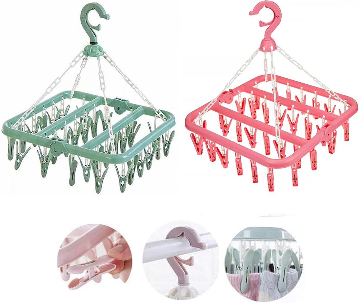 Goedkoopste Opvouwbare Indoor Sok Droogrek Plastic Droger - 2PCS Clips - Wind-proof Kleerhanger - 32 Peg - Hangende Droger voor Sokken Ondergoed Schoen Inlegzolen Baby Kleding Handschoenen - Roze Groen