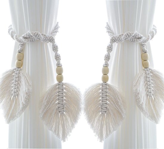 Gordijnhouders, 2 stuks, boho, gordijnhouders, natuurlijk katoen, beige geweven gordijnen, houders, clips, handgemaakte bladeren, gordijnhouders voor decoratie van woonkamer, kantoor en slaapkamer