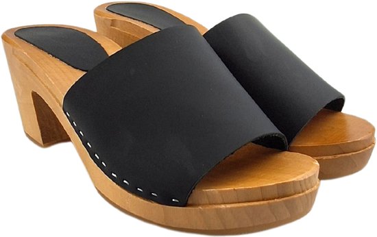 Matt black heels - hak 7cm - nubuck leer - houten zool - open toe - maat 35