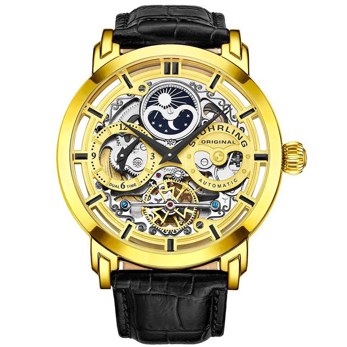 Stührling - Anatol 371 Automatisch 46mm Skelet Horloge - Horloge Heren - Horloges voor Mannen - Twee Tijdzones Precisie