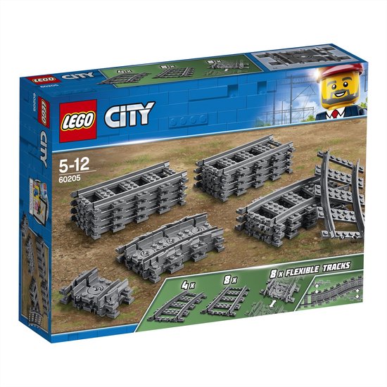LEGO City treinrails: 4x rechte rails, 8x bochtrails, 8x flexibele rails en wisselstukken.