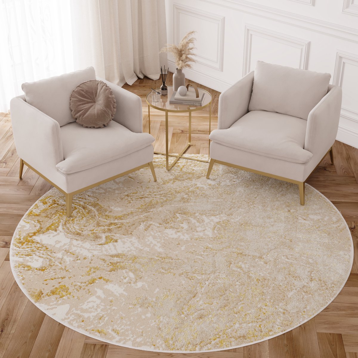 Tapiso Crystal Rond Vloerkleed Beige Creme Laagpolig Modern Tapijt Maat- 200x200