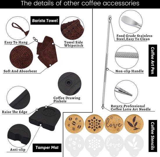 Kit Barista de doseur à Café 51 mm pour machine à portafilter - Tamper à expresso en bois - Tapis de bourrage - Pot à lait 350 ml - Serviette Barista - Stylo Latte Art - Pochoirs décoratifs Porte- Coffee