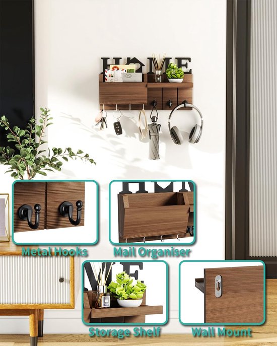 Porte-clés En Bois Avec Plateau - Rangement Clés Et Courrier - Décoration D'entrée, Salon, Couloir