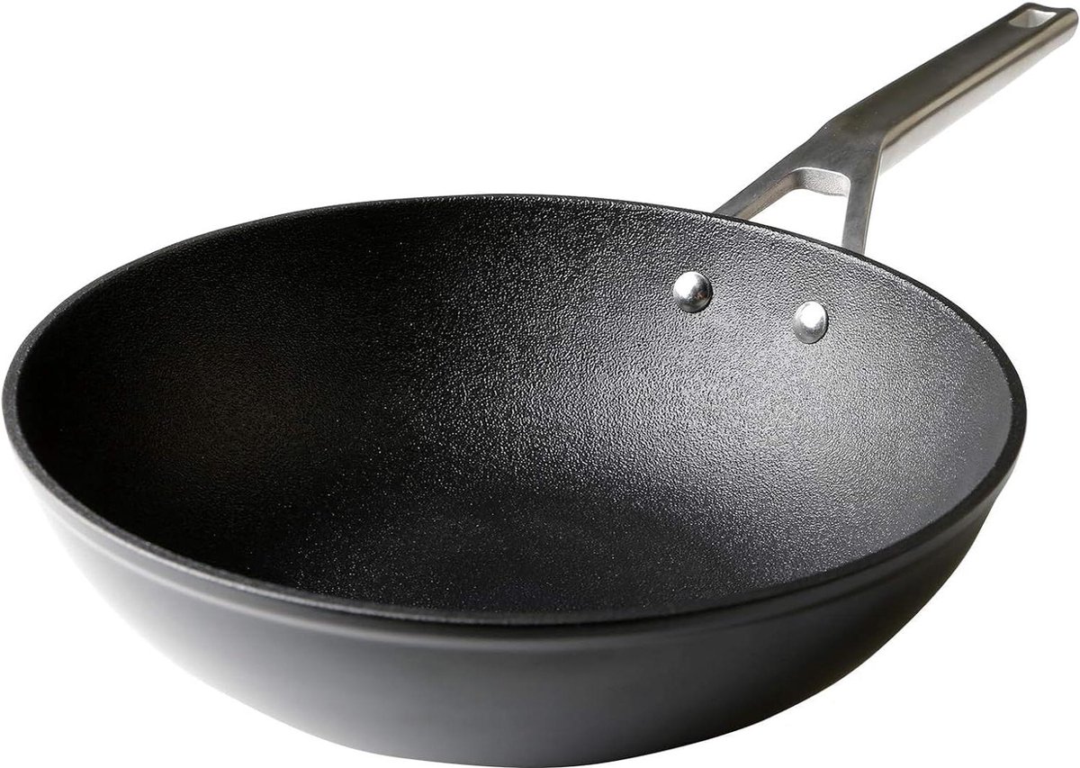 Ecosteel Wok Inductie 28 cm - Gesmeed aluminium - 3-laags anti-aanbaklaag - - 42 mm dik - Roestvrij stalen greep - Geschikt voor alle fornuizen - Keramisch gas oven