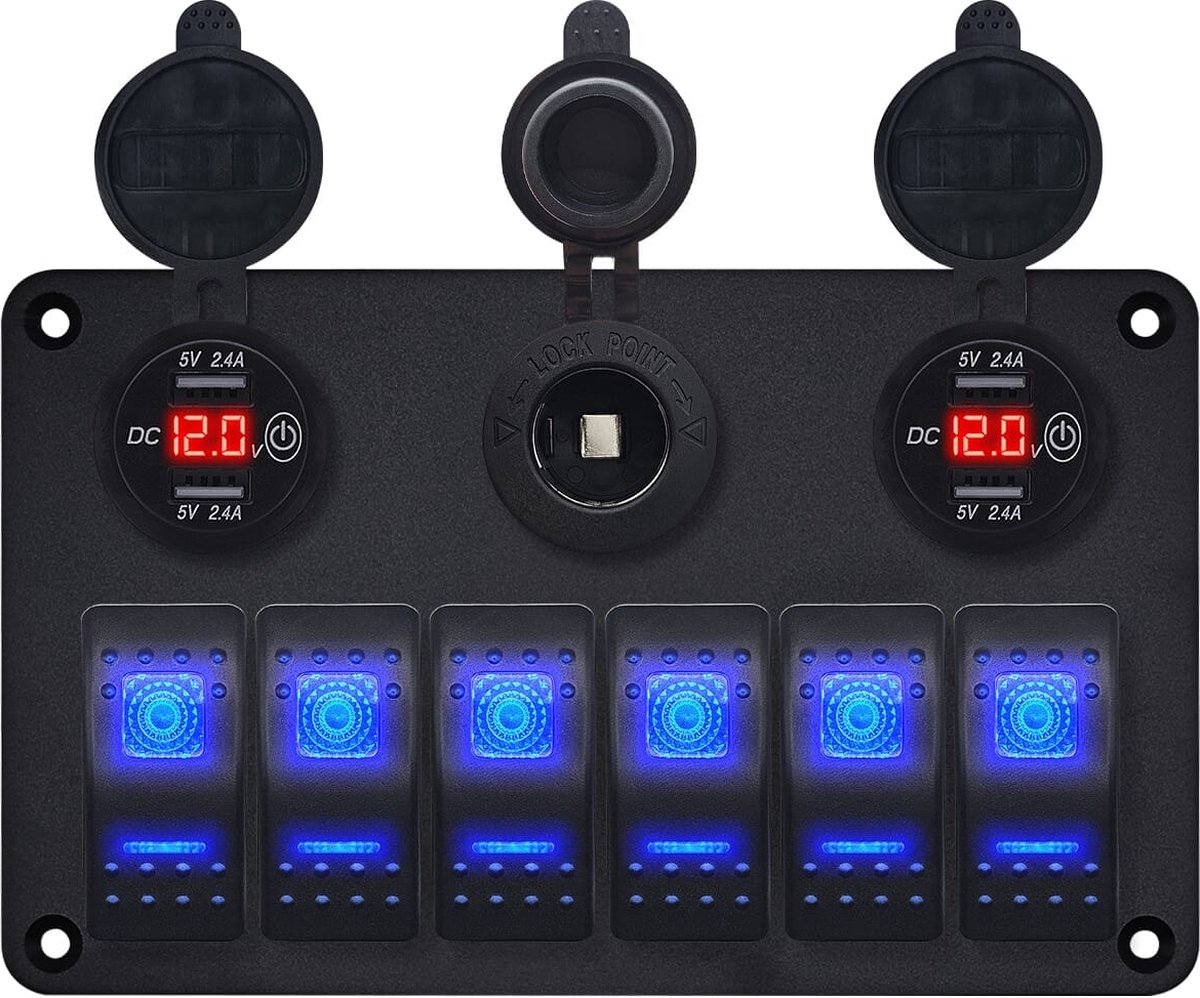ProRide Schakelpaneel 12V voor Auto/Boot - 4 USB Poorten met Schakelaar/Voltmeter - 5V/2.4A - 6 schakelaars + 12V/24V stopcontact
